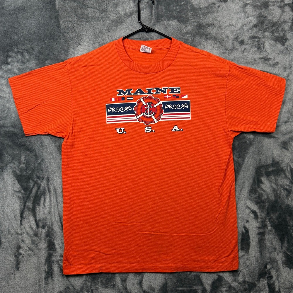 Tee Jays T-Shirt Mens XL Orange Maine USA Nautical Anchor Graphic Textured Tee